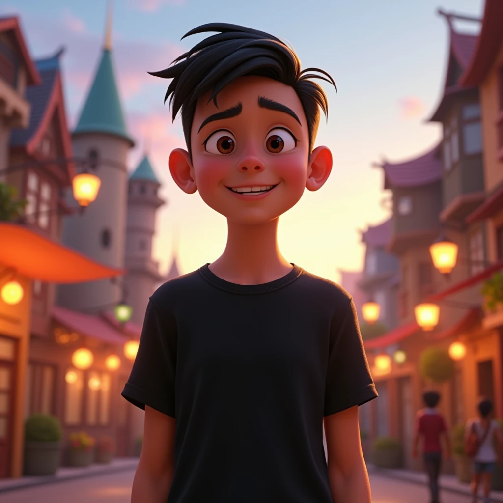 A Disney pixar style boy, high qualiy, best qualityer, Plain black shirt, military style hair, Youngh, about 60kg, 1,70 cm tall, 20 years old