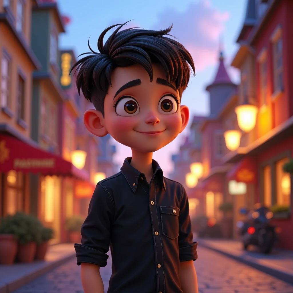 A Disney pixar style boy, high qualiy, best qualityer, Plain black shirt, military style hair, Youngh, about 60kg, 1,70 cm tall, 20 years old