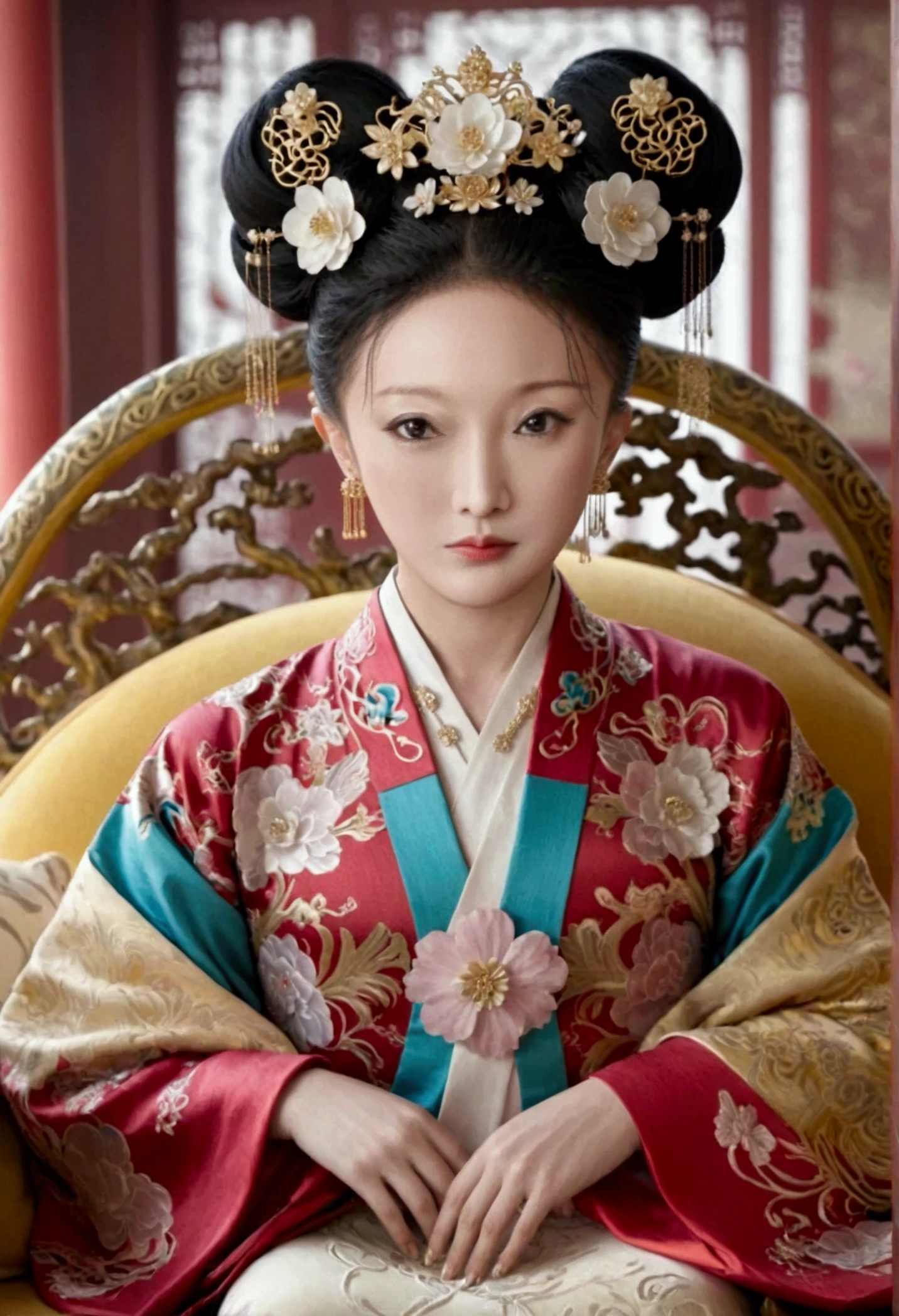 The naked front or seen appearance of a luxurious Empress from the Qing Dynasty of China, sitting on a large golden sofa., Large breasts and a pornographic pose, her hair tied on both sides、A beautiful hairpin and flower ornament, the Empress of China、Hair tied in the back, a perverted and erotic female background、The setting is the luxurious room of the Empress in the Qing Dynasty palace of China。.。