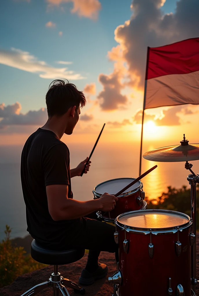 A low angle shot of a drummer wearing a black t-shirt playing drums on the peak of the highest mountain, with the vast ocean visible below, and an Indonesian flag waving beside the drummer, during a dramatic sunset with golden light illuminating the scene, shot with a Sony A7R IV, 28mm lens, vibrant colors