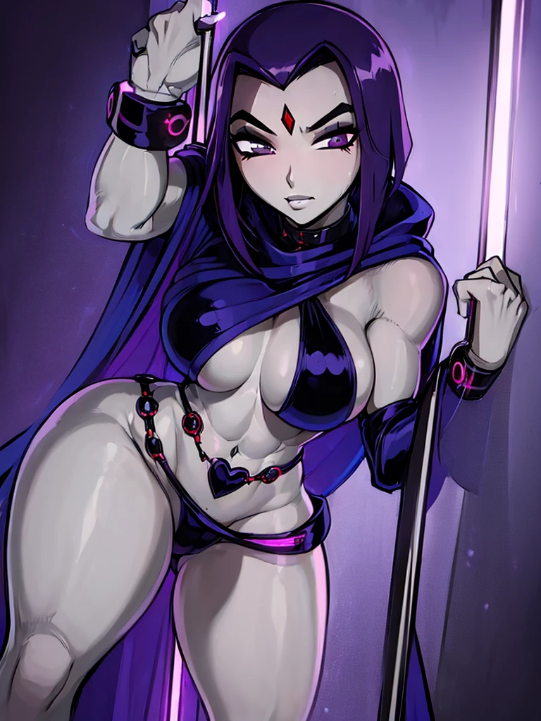 (holding pole:1.4),ShadRaven,lips,black leotard,belt,blue cloak,grey skin,blue cape,purple hair,red forehead jewel,belt,raven \(dc\),(pole dancing pruple lights,cyberpunk,nightclub:1.2), RavenTT, short hair, purple eyes, red jewel in forehead, (grey skin:1.4)