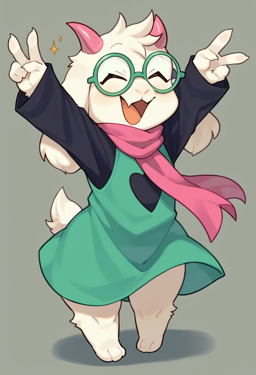  (score_9, score_8_up),furry, fur, face, Ralsei(deltarune), goat, dark fur, pink horns, black sleeves, cute, green glasses, hatless, green shirt, standing, arms up with his hands doing the peace sign,pink scarf,closed eyes, happy, smug face, bending over, wide hips,  fat , rear view,  {{{kame (kamepan44231), no humans, chibi, jitome, fumo (doll)}}}, portrait. 1furry, solo