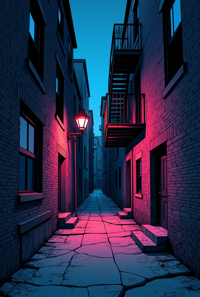 Photo of warped, simple, narrow, winding ,old creepy, abandon alleyway with broken old concrete path, brick walls with 3 dark windows and fire escape, one point perspective. Very dark night time, dark deep blue, with pink lighting contrast. Cartoon style thick black lines art