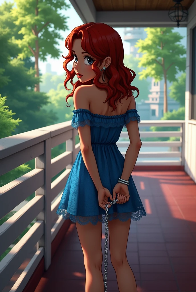 Excellent image, a young adult woman with bright makeup in a blue lace mini dress with open shoulders, with red hair, wearing high heel sandals, Hands in handcuffs, handcuffs on hands, wrists are cuffed, arrest, Hands handcuffed, Posing in full growth, playful smile, hands behind your back, feet shoulder width apart, handcuffs with long chain on legs, anime