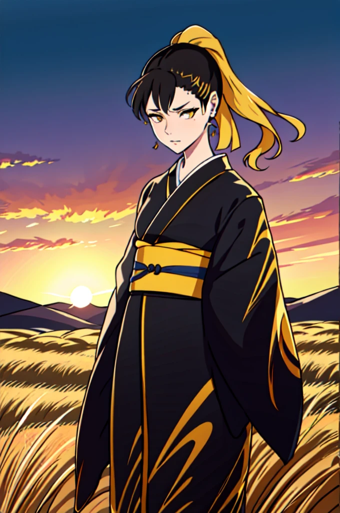 A girl in a kimono with an expressionless look stands waist-deep in a wheat field., A black kimono with gold edges, her hair is tied in a ponytail, yellow eyes, the sunset is reflected in his eyes, The light falls on his face, half lateral to the camera