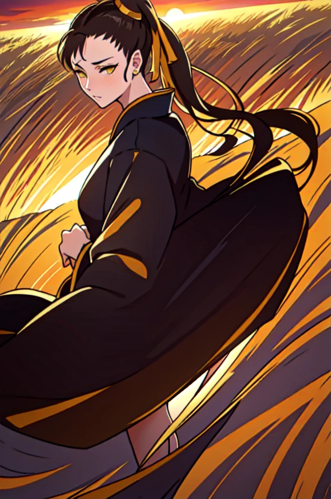 A girl in a kimono with an expressionless look stands waist-deep in a wheat field., A black kimono with gold edges, her hair is tied in a ponytail, yellow eyes, the sunset is reflected in his eyes, The light falls on his face, half lateral to the camera