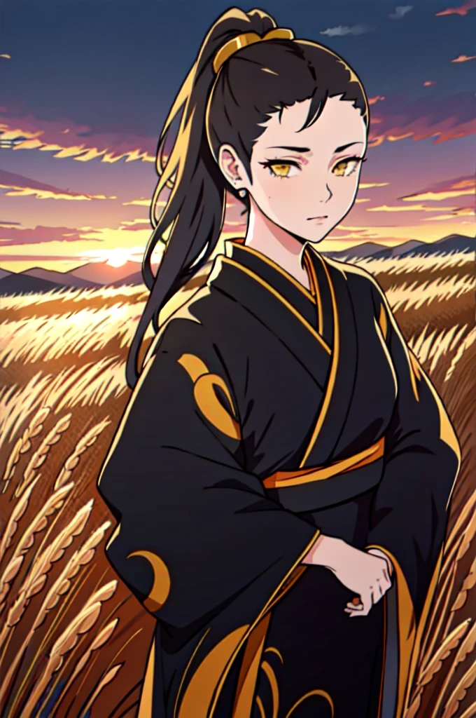 A girl in a kimono with an expressionless look stands waist-deep in a wheat field., A black kimono with gold edges, her hair is tied in a ponytail, yellow eyes, the sunset is reflected in his eyes, The light falls on his face, half lateral to the camera