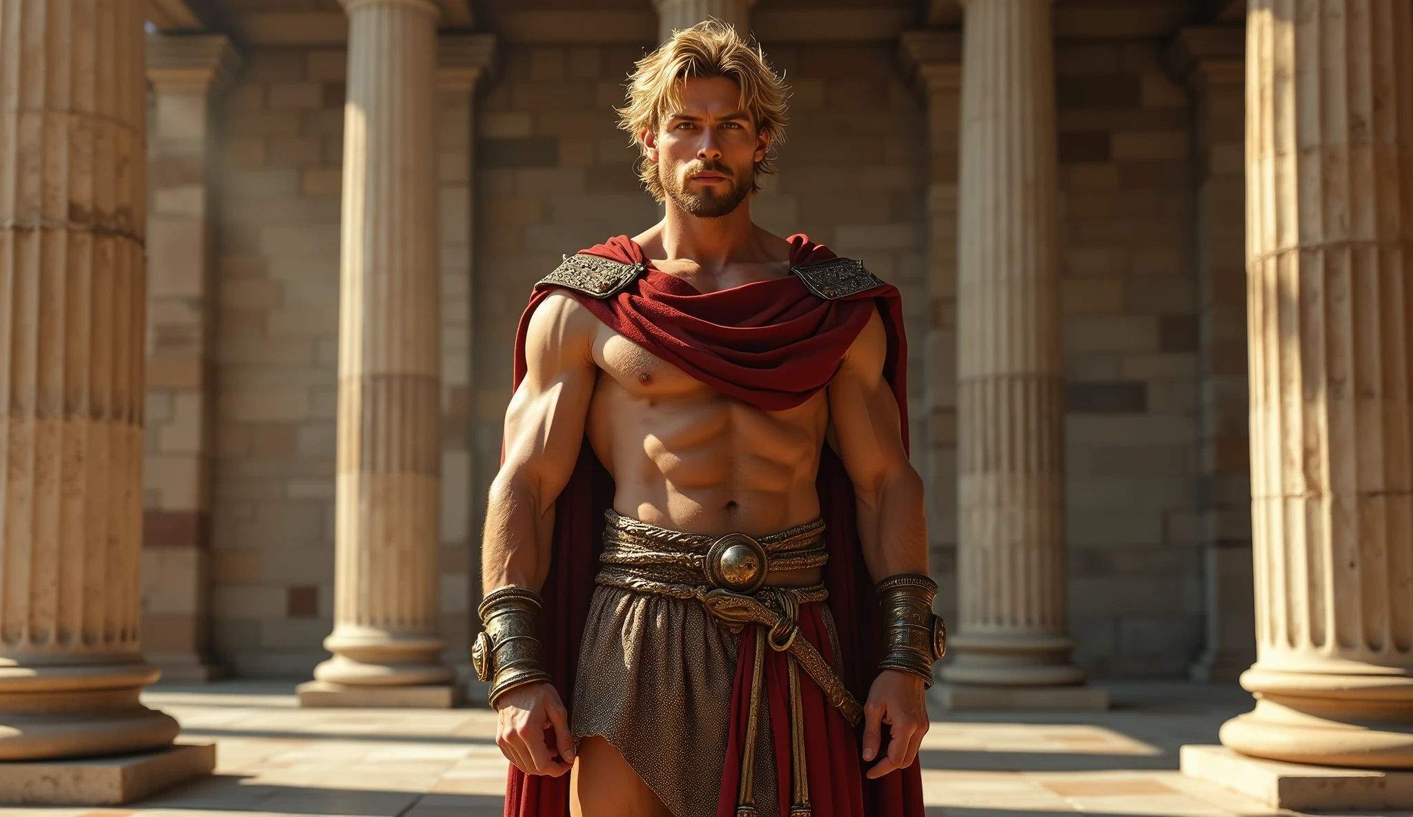 realist, (masterpiece), (photorealist:1.3), ultra detailed, (high detailed:1.2), (Best Quality:1.0), manly face, muscular, Tall Man, blond hair,  hair, A man in royal costume, 35 years, covered in a small insulting armor, elegant, full body character sheet, big bulge in , MUSCLE BODY, full body view, inside a Greek Temple, loincloth made of very fine thread, Haircut, Shadow of six'clock.