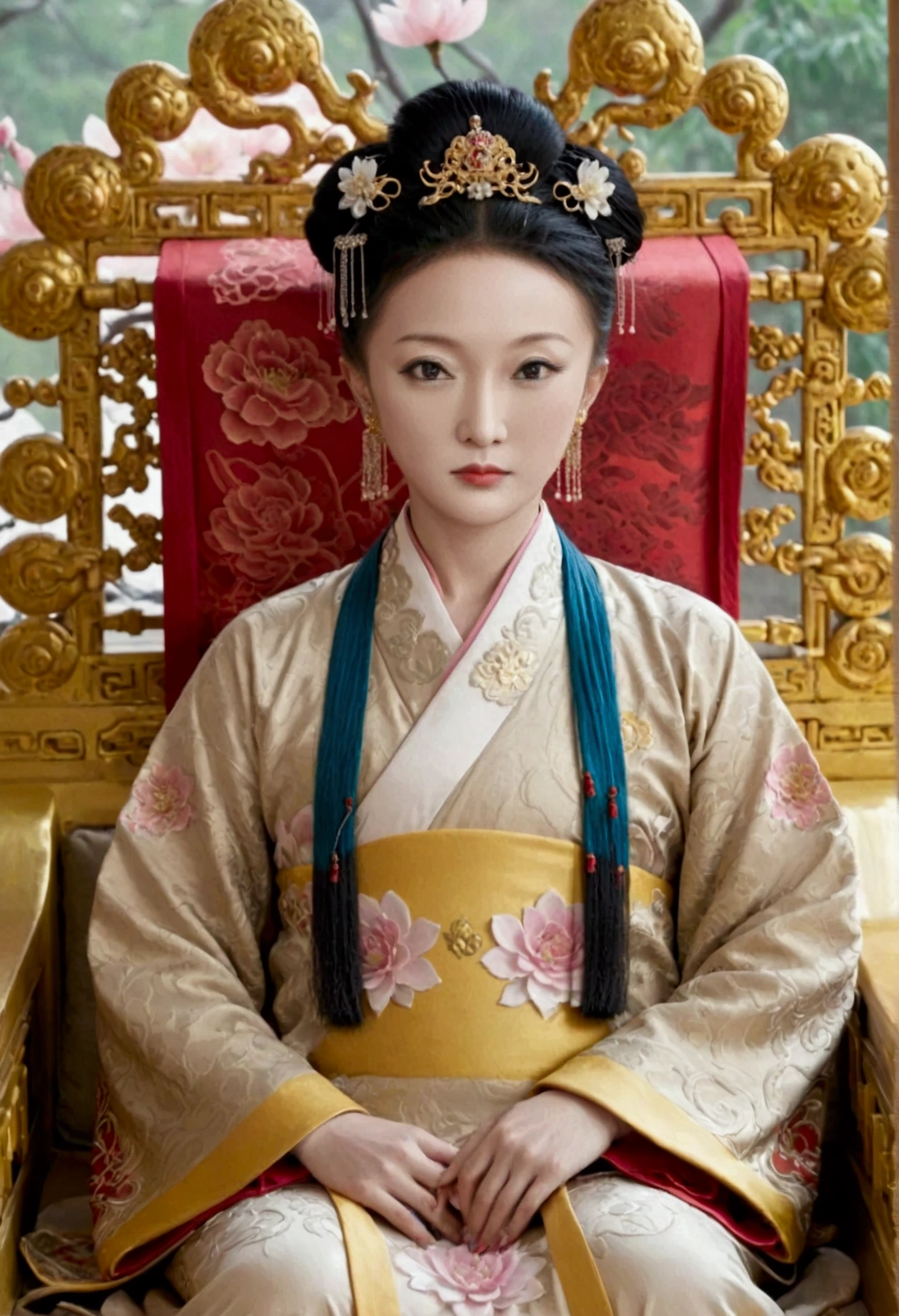 The naked front or seen appearance of a luxurious Empress from the Qing Dynasty of China, sitting on a large golden sofa., Large breasts and a pornographic pose, her hair tied on both sides、A beautiful hairpin and flower ornament, the Empress of China、Hair tied in the back, a perverted and erotic female background、The setting is the luxurious room of the Empress in the Qing Dynasty palace of China。.。
