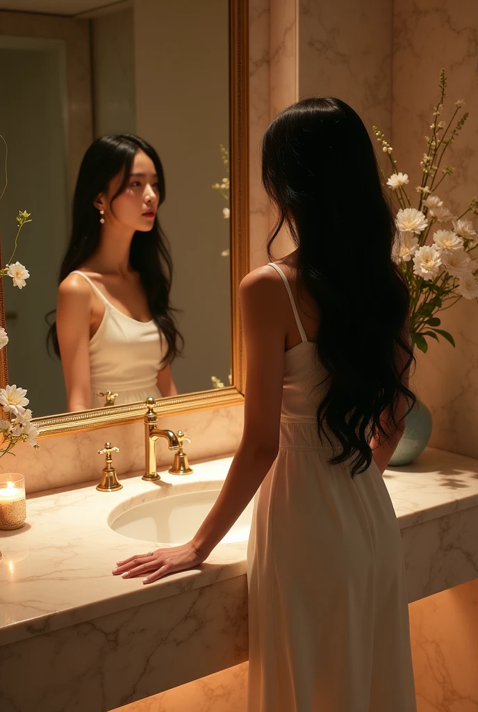 Create a detailed image of a naked full body koreanese beauty pageant on the bathroom.