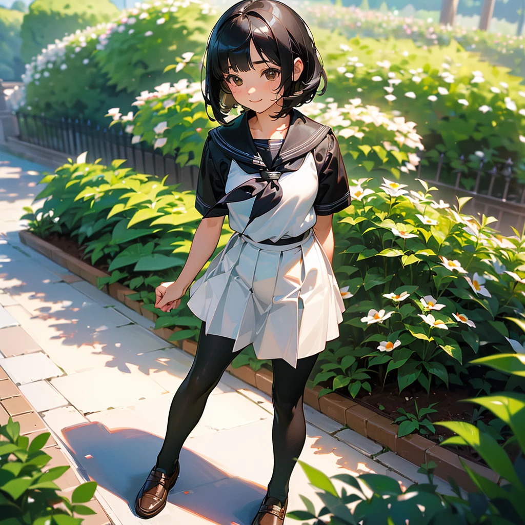 (Highest quality, High resolution, Very detailed, Realistic:1.37), Peaceful atmosphere, (Outdoor, garden), Teenage girl standing alone, Beautiful and detailed features, Cute Smile, ((Black bob hair)),Short-sleeved sailor uniform, Pleated skirt,Black tights,Brown leather shoes.