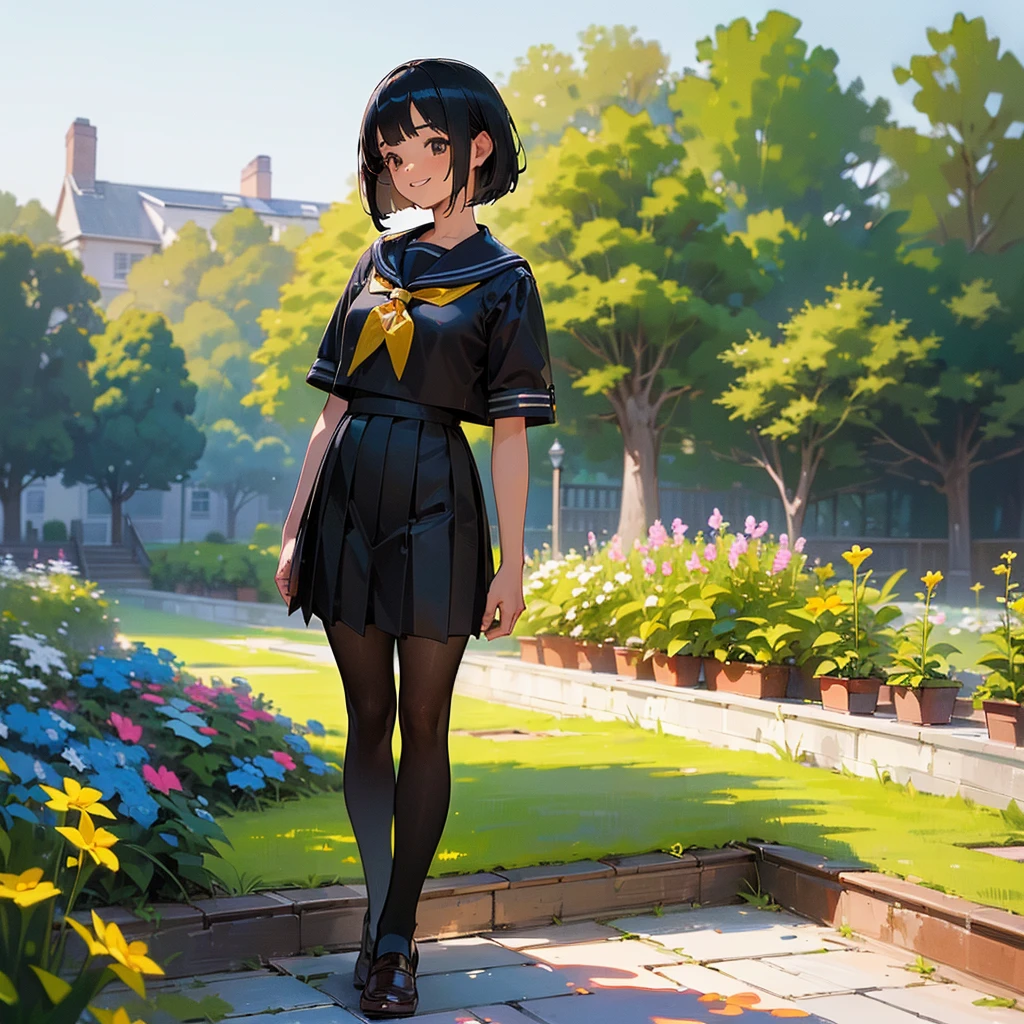 (Highest quality, High resolution, Very detailed, Realistic:1.37), Peaceful atmosphere, (Outdoor, garden), Teenage girl standing alone, Beautiful and detailed features, Cute Smile, ((Black bob hair)),Short-sleeved sailor uniform, Pleated skirt,Black tights,Brown leather shoes.