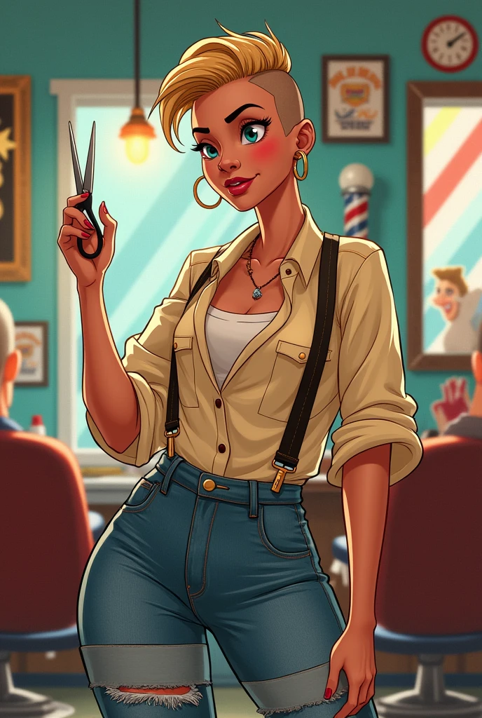 Create a Disney-style illustration of a woman with very short, shaved hair and an eyebrow piercing, wearing comfortable, masculine clothing in a barbershop, with a pair of scissors in her hand.