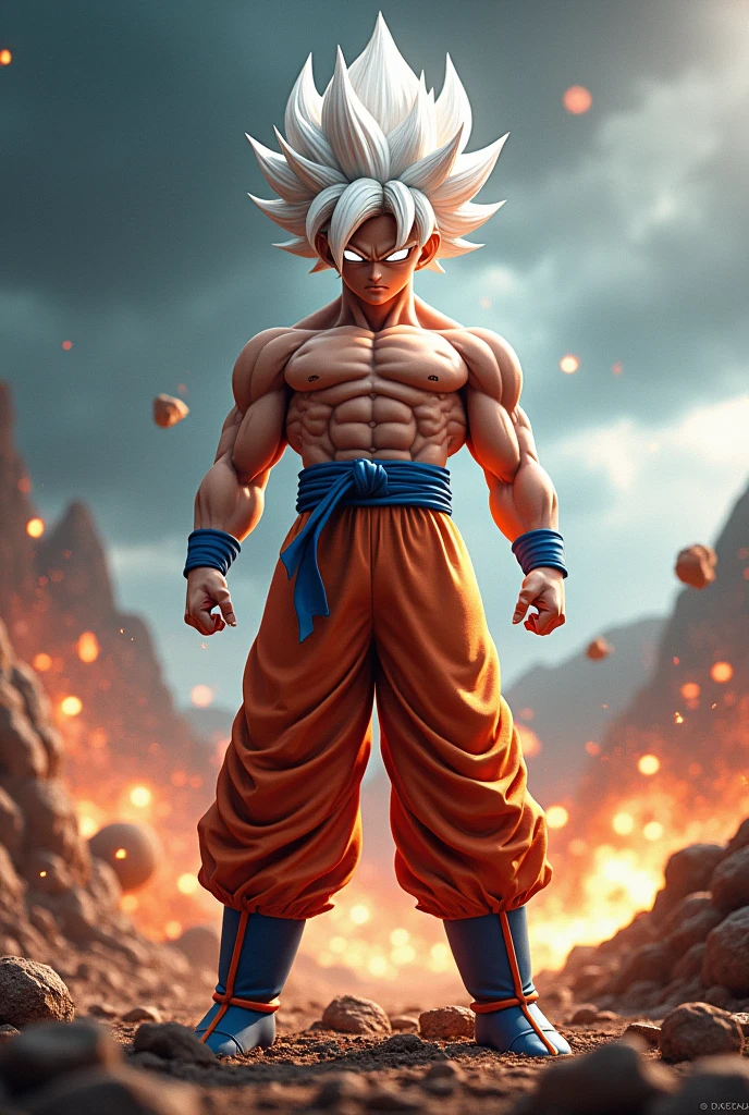 Goku, realisitic, 3D type, with white eyes and white hair

