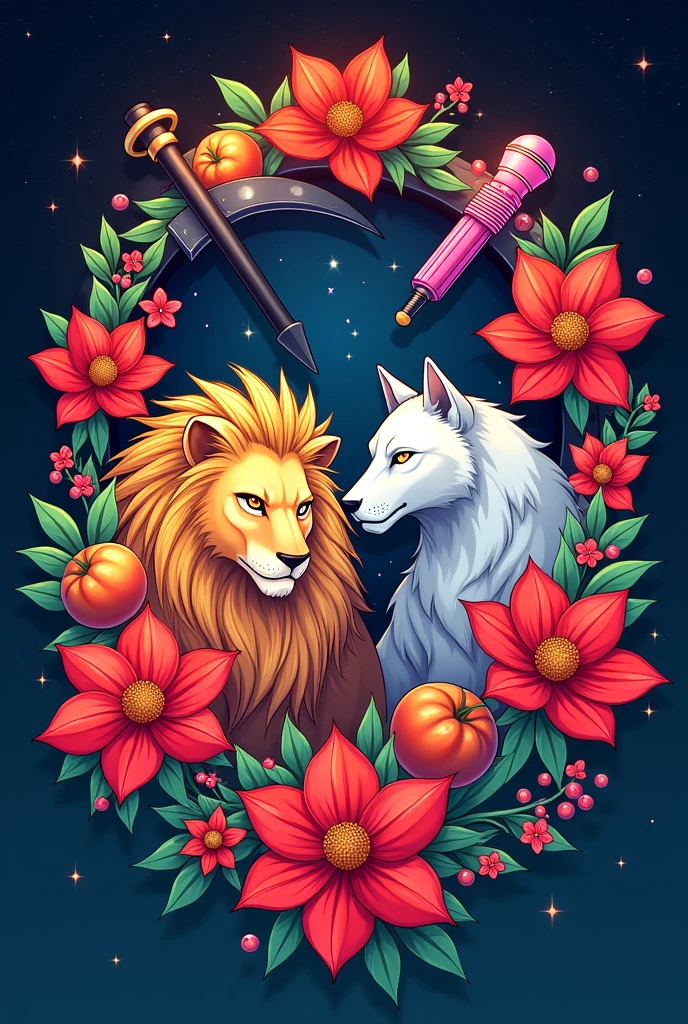 2D Anime Logo with the name MoonStars featuring lycoris radiata, a golden lion, a silver wolf, a black scythe, a pink idol microphone, an orange fruit and turquoise green katanas