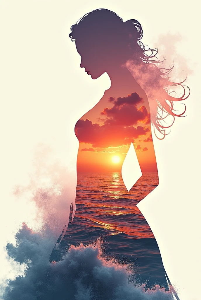 high quality, 8K Ultra HD, A beautiful double exposure that combines an goddess silhouette with sunset coast, sunset coast should serve as the underlying backdrop, with its details incorporated into the goddess , crisp lines, The background is monochrome, sharp focus, double exposure, by yukisakura, awesome full color,
