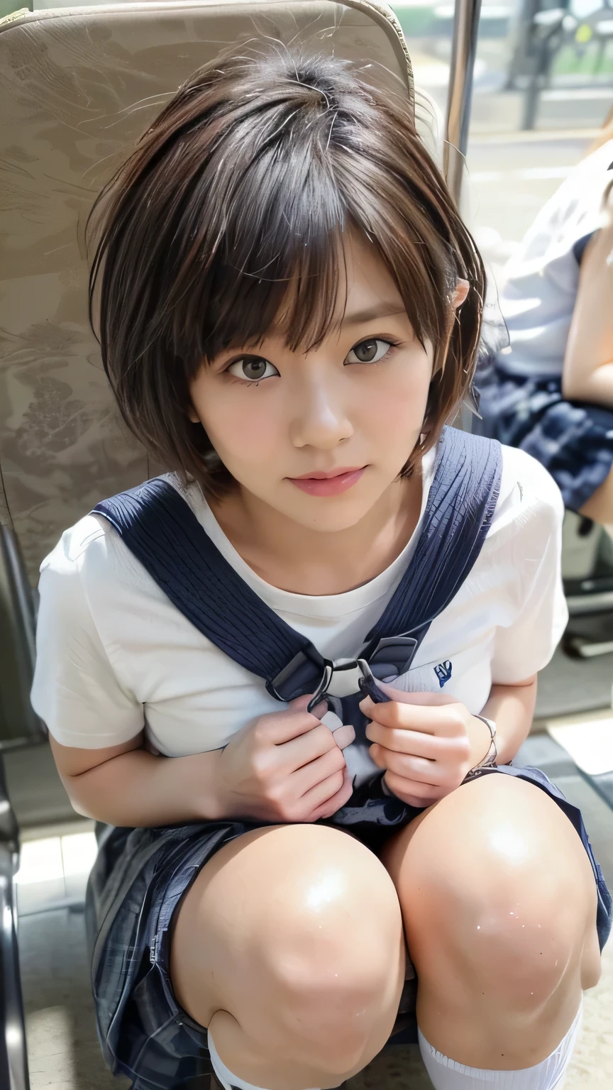 (High school girl sitting on a seat in a Japanese train:1.2、sit in a train seat、Face to face)、((school uniform、White blouse、(Navy blue checkered pleated skirt:1.2)、Navy blue socks、loafers、Detailed white panties、Over the knee socks:1.4、Absolute area)、(Sports Bags、The straps of the bag pass between the chest、Equipped:1.5)、(Realistic、Like a photograph、Live Action、8k, Realistic, RAW Photos, Best image quality: 1.4), Single-lens reflex camera、RAW Photos, Highest quality, Realistic, Highly detailed CG Unity 8k wallpaper, Written boundary depth, Cinematic Light, Lens flare, Ray Tracing, Realistic background、((Ultra-Dense Skin))、 Girl after school,Cute Japanese、(whole body:1.5)、Very detailedな顔,avert your eyes:1.1、(short hair:1.2、Short hair blowing in the wind:1.4)、I like that style、stylish、Very detailed、Pay attention to the details、Perfect outfit、(Sunburned skin)、View from above、Accurate hands、Accurate legs、Detailed hands and fingers、Anatomically correct body、Thin legs、Thin thighs、Small breasts、Very detailedな顔
