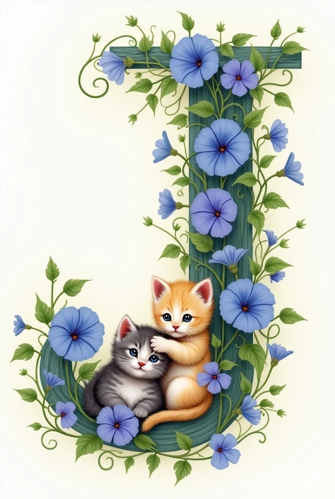 The alphabet ‘J’ for note-taking、Please draw it in a design similar to a morning glory vine.。Part of the vine、Combine cute kittens playing together。The kitten is in a playful pose、Create an overall soft and cute look。