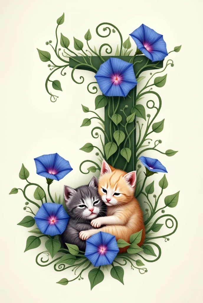 The alphabet ‘J’ for note-taking、Please draw it in a design similar to a morning glory vine.。Part of the vine、Combine cute kittens playing together。The kitten is in a playful pose、Create an overall soft and cute look。