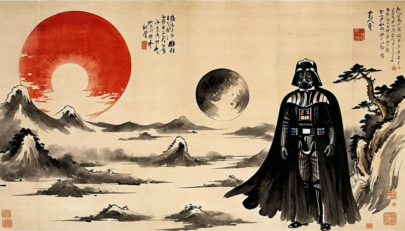 masterpiece,Drawing Darth Vader and the Death Star,Japanese paintings drawn with ink and water,(Beautiful gradation created by layering),(Tarashikomi technique),(dynamic)、Ink Painting、Ukiyo-e、Chinese character、Faded