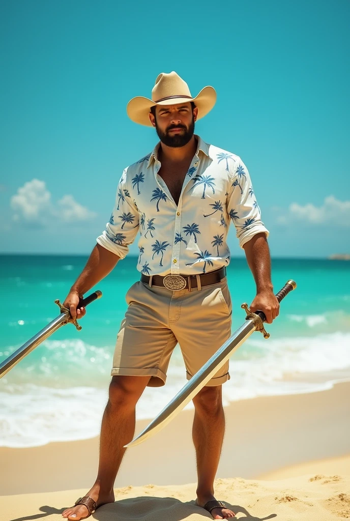 Strong light brown gentleman with swords and cowboy hat, White shirt with blue and small palm tree print and beige shorts with back to back on the beach