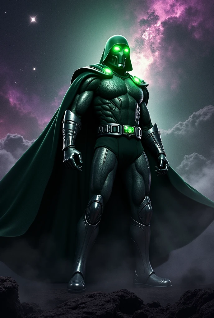 Generate Doctor Doom with green glowing eyes in a dark and terrifying space