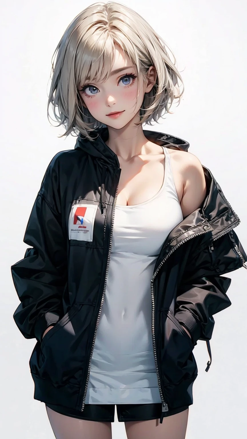 Top view, A woman bending forward, showing her cleavage., Hands in pockets, Ash grey asymmetrical short hair, Smiling with eyes looking up, A coordinated look with a zippered hoodie and mini skirt, White background:1.5, Anime Style, Digital Painting, (masterpiece, High resolution, Highest quality)