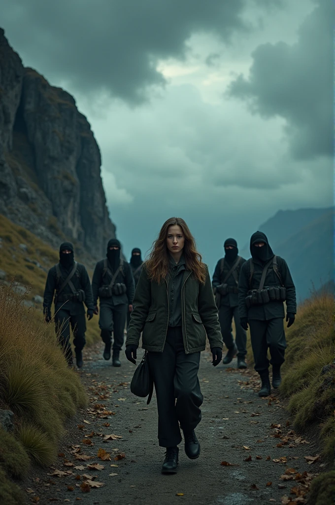 Create a realistic image where some terrorists are attacking on 7 travellers including 1 woman on a hill track. The terrorists want to kidnap the women. 
