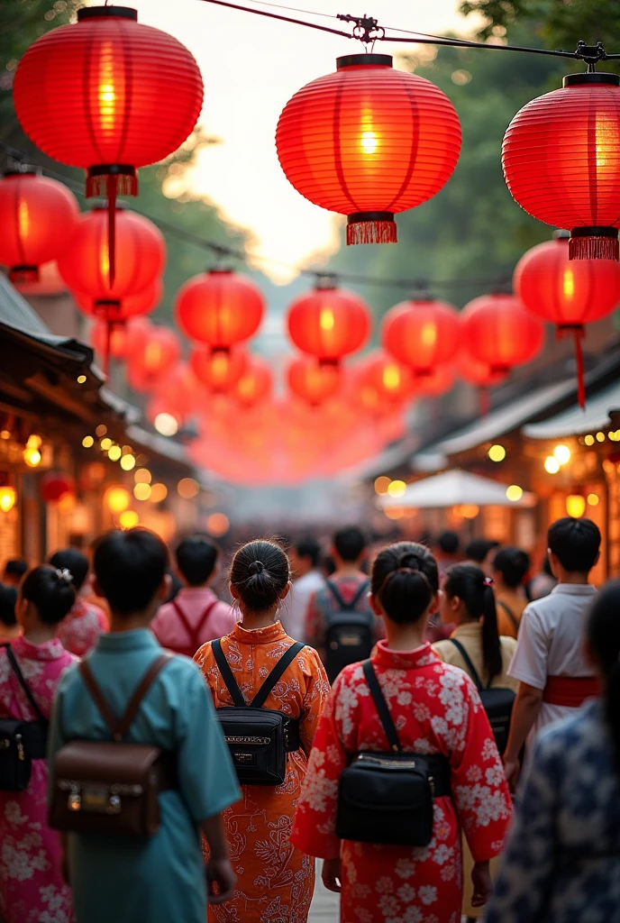 Highest quality、detailed、Realistic、Japanese Summer Festivals、Lots of red lanterns、Crowded with people、You can see a few people wearing yukata.