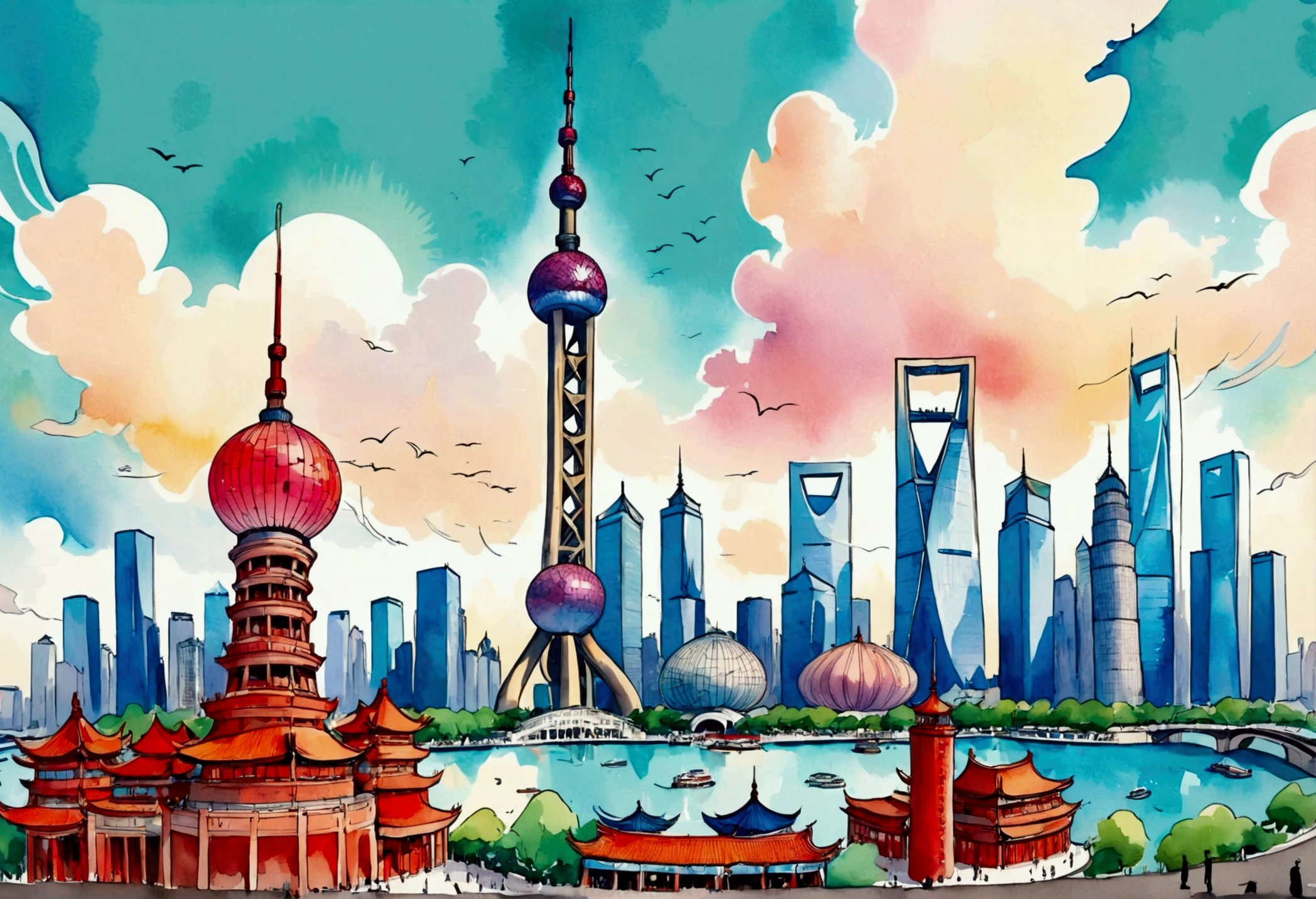 A postcard with the word &quot;Shanghai&quot; printed on top of the Oriental Pearl Tower，in the style of Quentin Blake,Hand-drawn illustration style,Watercolor illustration, white background