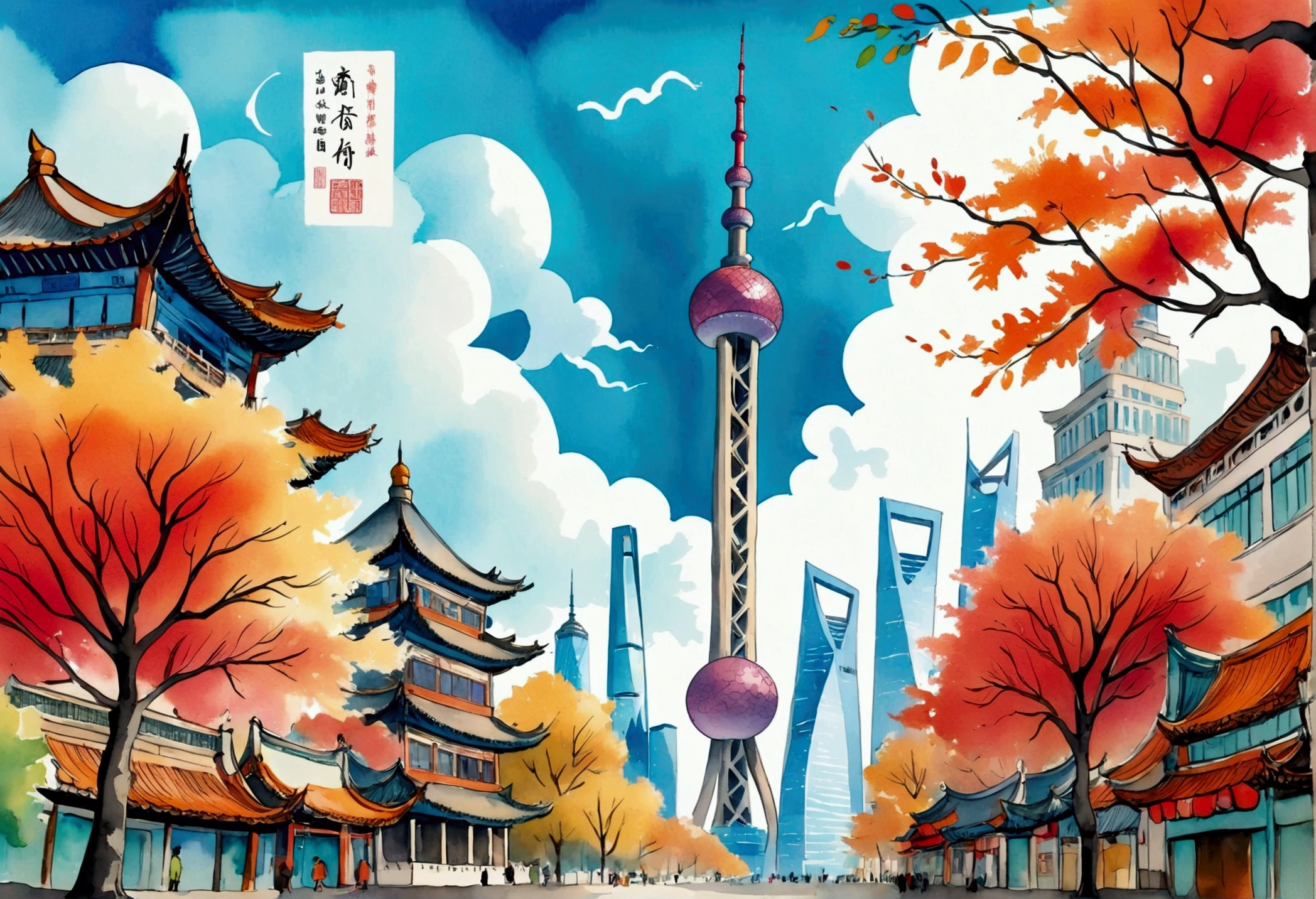 A postcard with the word &quot;Shanghai&quot; printed on top of the Oriental Pearl Tower，in the style of Quentin Blake,Hand-drawn illustration style,Watercolor illustration, white background