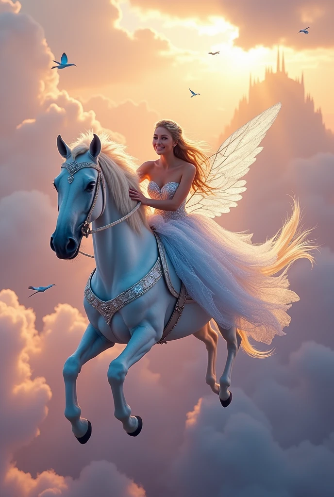 a princess and a horse flying in the sky