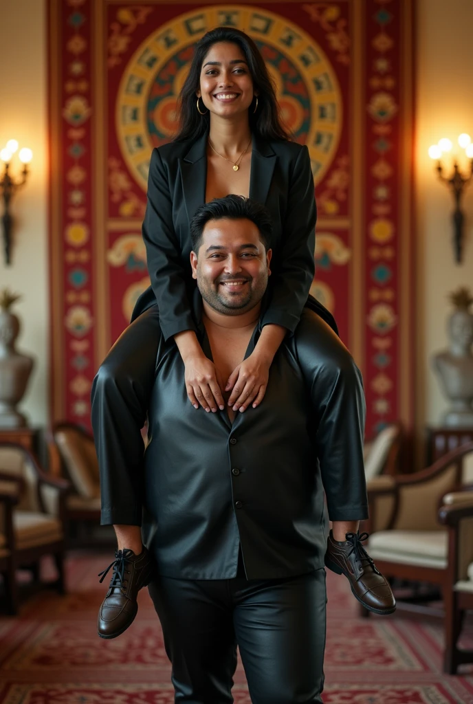 Create a realistic photograph of a smiling and beautiful indian college girl in black leather suit carrying a obese man on her shoulder , in a exotic room, man is sitting on her shoulder, man on top, woman standing at bottom 