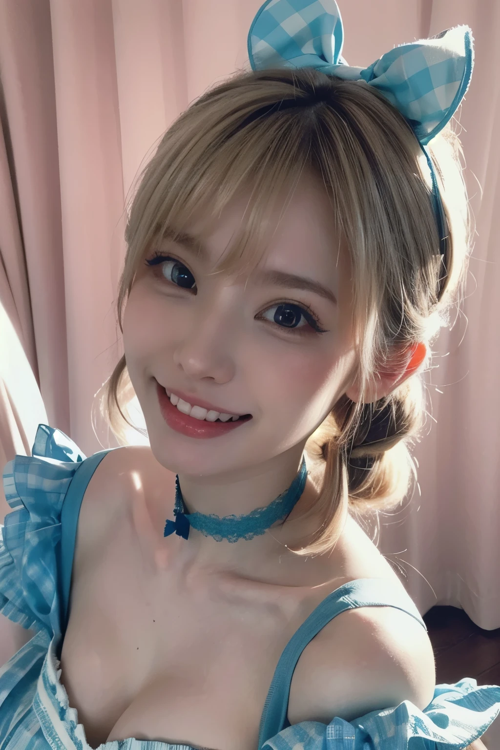 RAW Photos, (8k), (Highest quality: 1.2), (Genuine), (Genuine: 1.37), ultra-High resolution, (Highest quality, 8k, 32K, masterpiece: 1.2), (High resolution), (8k), (High resolution), (Highest quality, 8k, 32K, masterpiece: 1.2), Close-up of a young blonde woman with pigtails winking and making a cute heart shape with her hands。Smiling with teeth showing、18-year-old、A big smile、She is wearing a blue and white checkered dress、She has lace accents。The headpiece is adorned with pastel ribbons and bows.。Soft background、Slightly blurry、Light and dreamy atmosphere、Selfie angle、Close-up photo of the face。Close-up。Emphasize cleavage、The overall style is、With Japanese idols「cute」It reminds me of fashion、Focusing on the bright side, Bright colors and playful, cute expressions.。