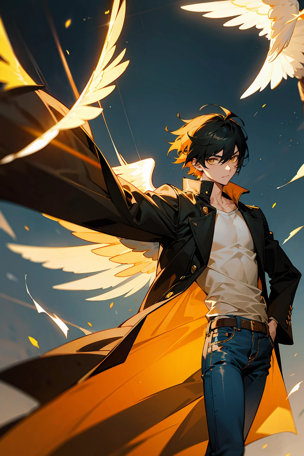 1male, Young Adult, Light Orange Hair, Black Hair, Two Toned Hair, Short Hair, Yellow eyes, Disheveled Hair, Radiant, Coat, Jeans, Masculine, Beautiful Lighting, Angel Wings, Flying, Muscular