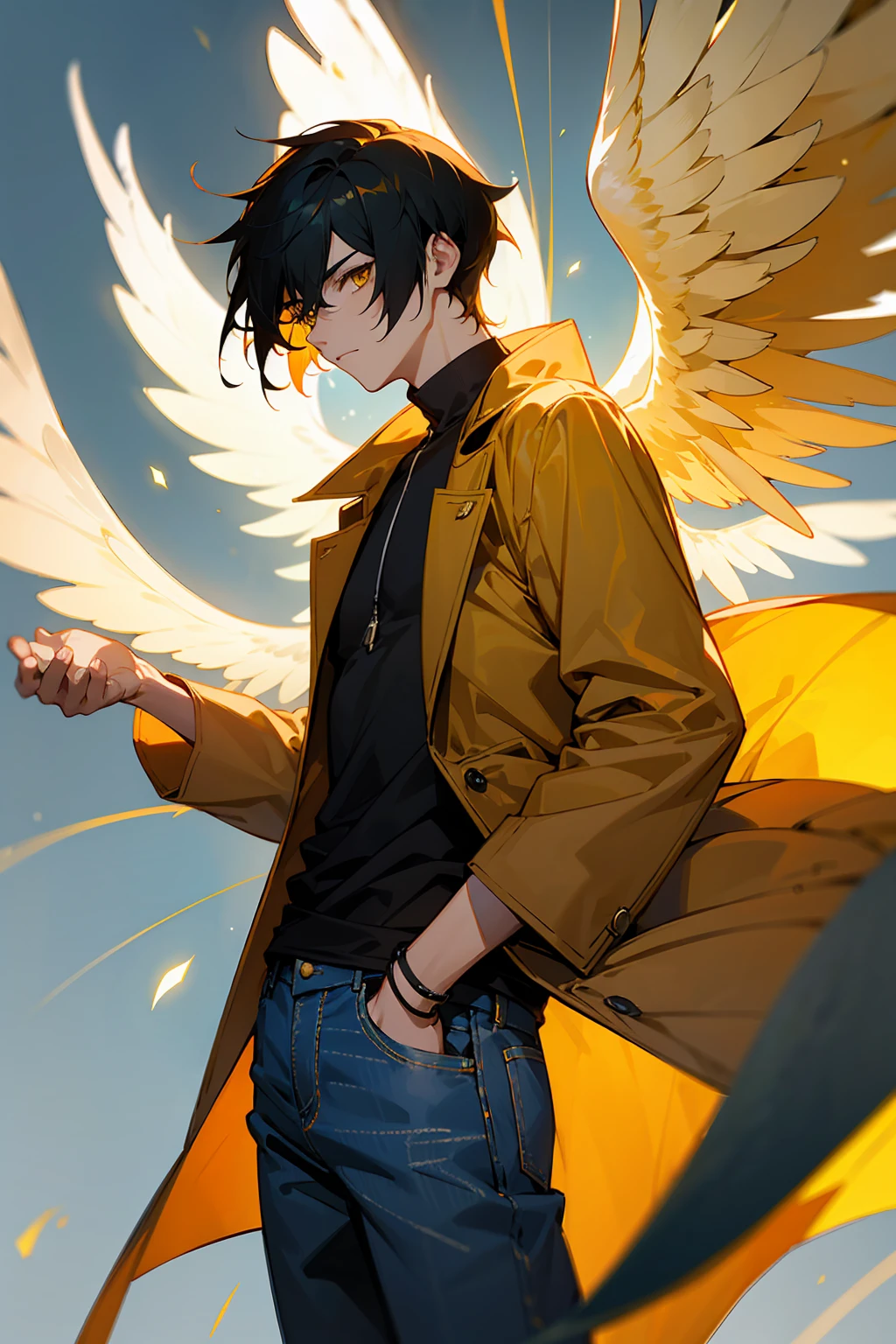 1male, Young Adult, Light Orange Hair, Black Hair, Two Toned Hair, Short Hair, Yellow eyes, Disheveled Hair, Radiant, Coat, Jeans, Masculine, Beautiful Lighting, Angel Wings, Flying, Muscular