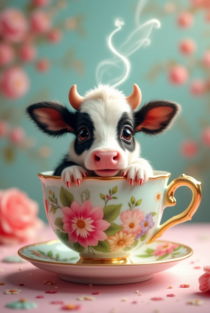 ((masterpiece,best quality,）），close up，side，Multiple angles，A cute little cow placed in a teacup，Artiodactyla