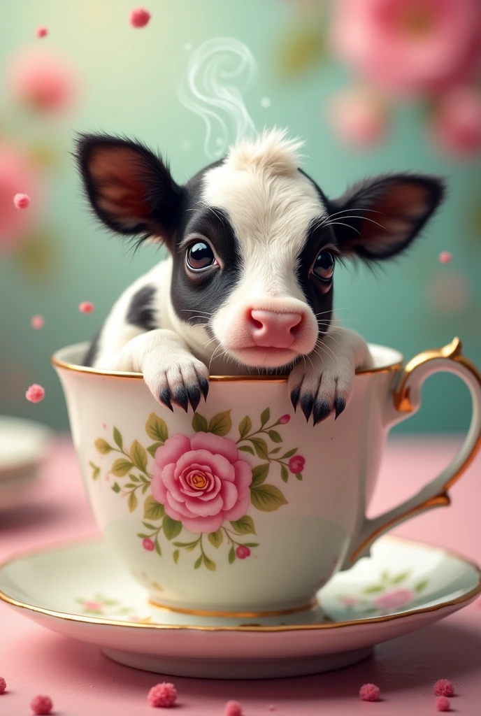 ((masterpiece,best quality,)),close up,side,Multiple angles,A cute little cow placed in a teacup,Artiodactyla