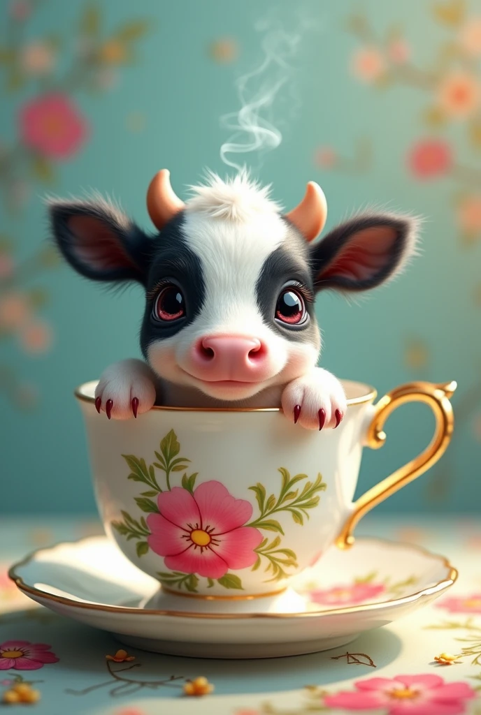 ((masterpiece,best quality,）），close up，side，Multiple angles，A cute little cow placed in a teacup，Artiodactyla
