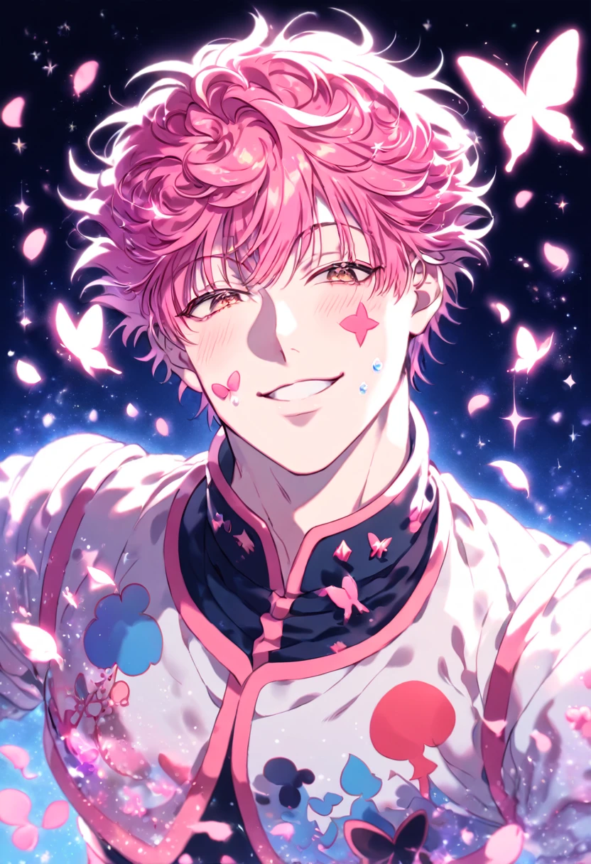absurdres, highres, ultra detailed, HDR, master piece, Hisoka Morou, red fuchsia hair, expressive golden eyes, white cropped shirt with patterns, Hunter X Hunter, fantasy, glittering pink butterflies, petals, magical, handsome, sexy man, solo, very detailed eyes and face, glittering, pink flowers, a star mark on his left cheek, a water droplet on his right cheek, manly man, sensual, horny, handsome smile, crystal light