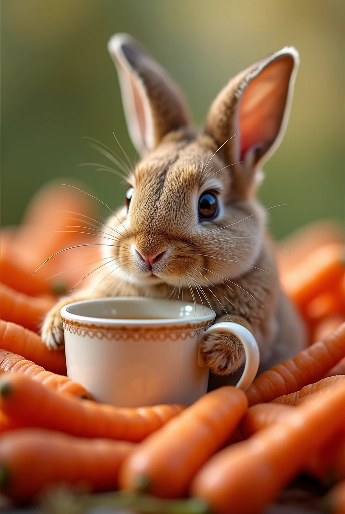 ((masterpiece,best quality,)),close up,side,A cute little rabbit resting in a pile of carrots,Sexy holding a teacup