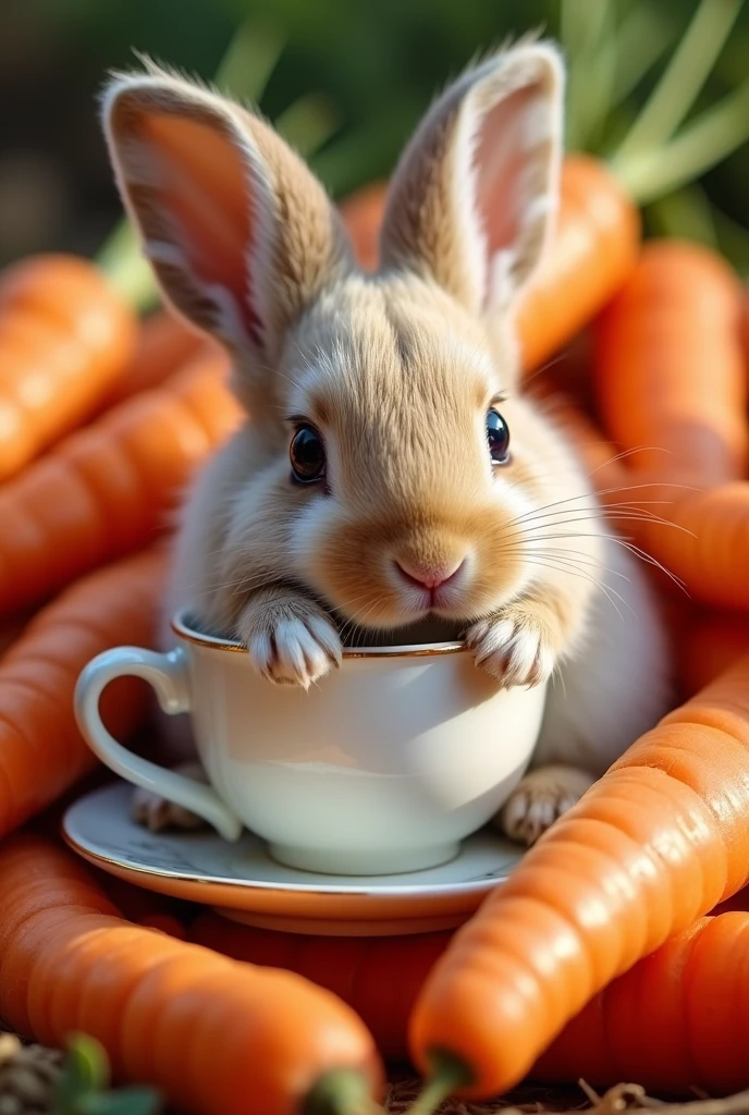 ((masterpiece,best quality,）），close up，side，A cute little rabbit resting in a pile of carrots，Sexy holding a teacup
