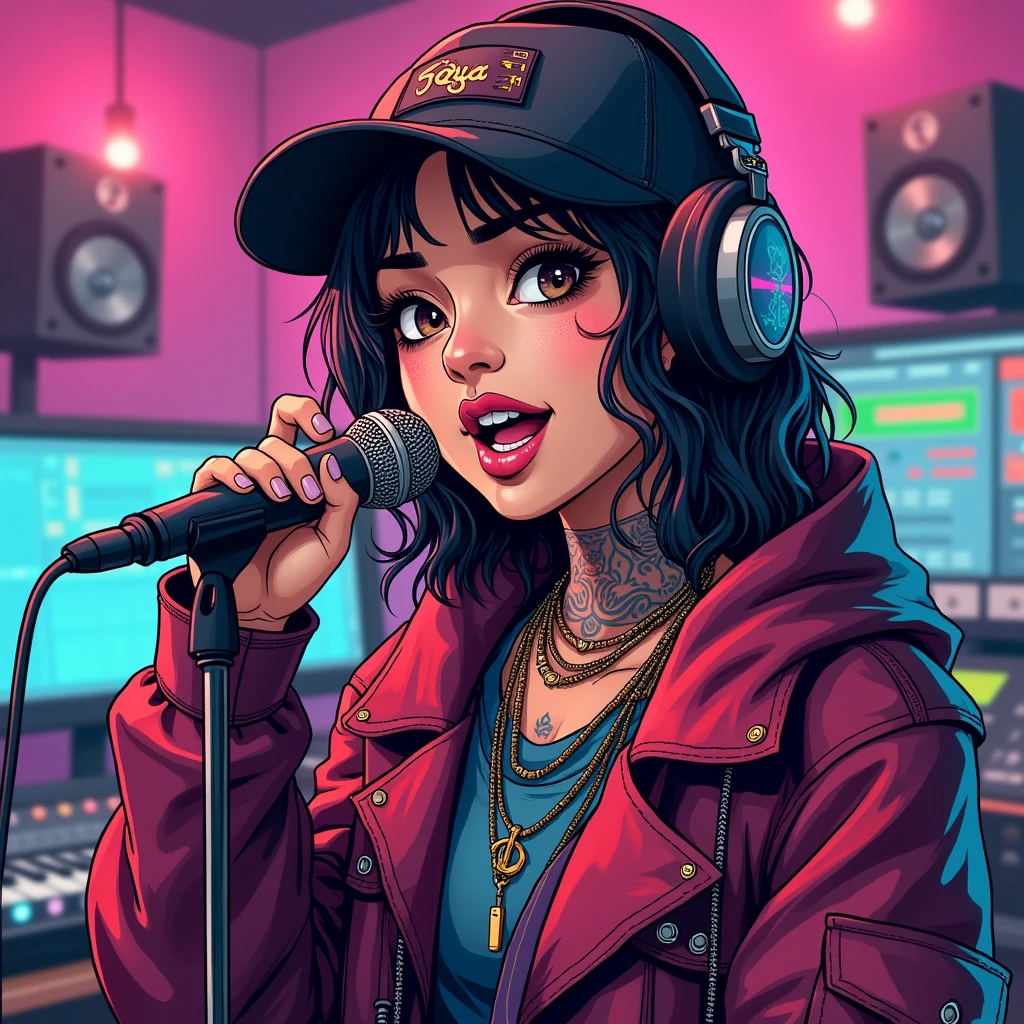 Asian Girl Rapper, in the record studio, rapping to the microphone, very pretty, face_tattoos, comic style, cartoon, comic style, gangster, tech wear outfit, dynamic