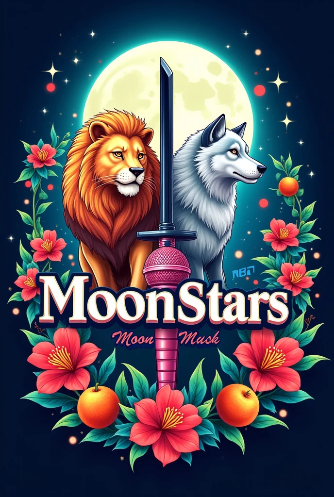Anime Logo with the name MoonStars featuring Lycoris Radiata, a golden lion, a silver wolf, a black scythe, a pink idol microphone, an orange fruit and turquoise green katanas