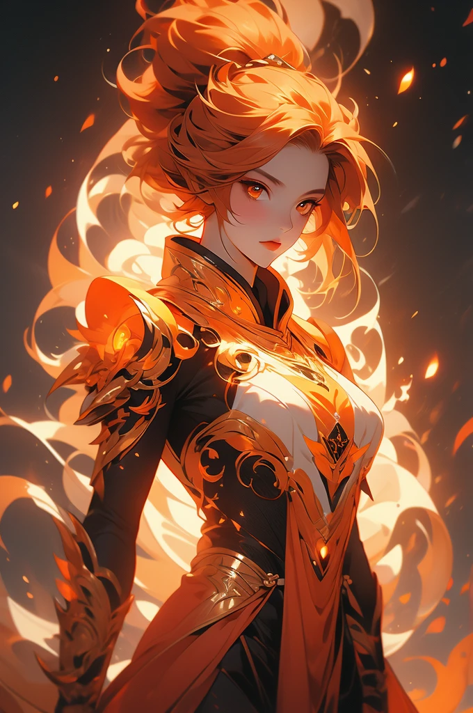 1girl, fire elemental, orange skin, orange hair, orange eyes