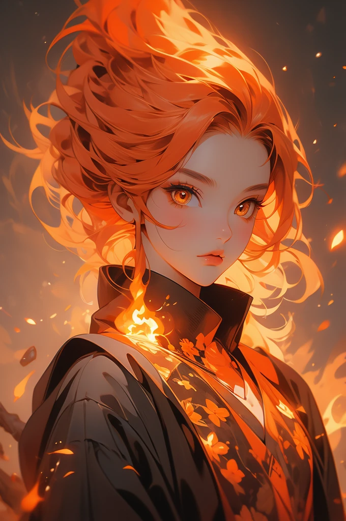1girl, fire elemental, orange skin, orange hair, orange eyes