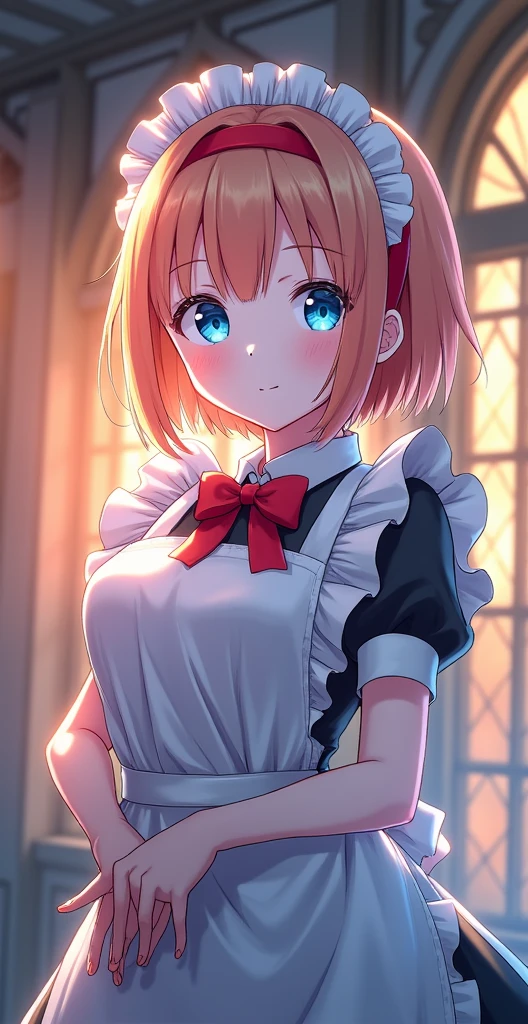 masterpiece,best quality,anime,(2d:1.2),indoors, , 1girl, roswaal mansion maid uniform, solo, maid, cyan blue eyes, short hair,bow hairband, hair between eyes, detached sleeves, looking at viewer, red hairband,ribbon, bangs, looking back, bow, orange hair,red ribbon, black sleeves, window, long sleeves, apron, white bow, frills,ribbon trim,light smile, own hands together,