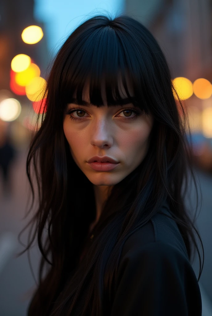 With black hair、Bangs are blunt、Create an image of a person with shoulder-length hair.。