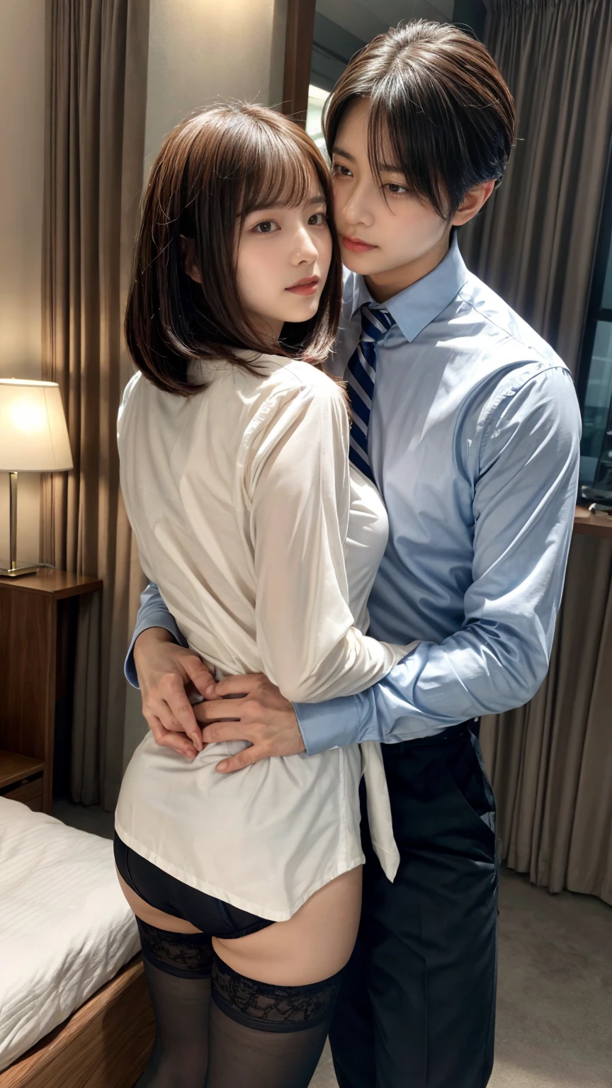 A woman with a beautiful girl々Create a new, whole body, A short sheer dress for、For girls, remove the low-cut see-through blouse and mini skirt., I'm looking forward to both, The boy is kissing her breast, Make it look realistic