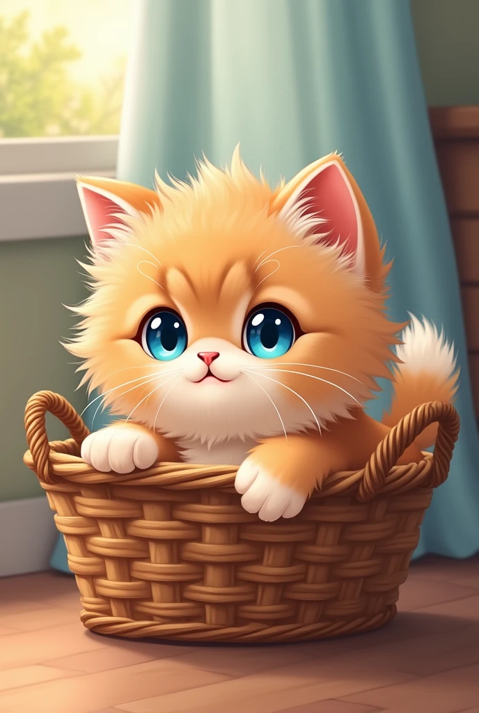 A cartoon caramel Persian kitten with bright blue eyes in a beautiful basket